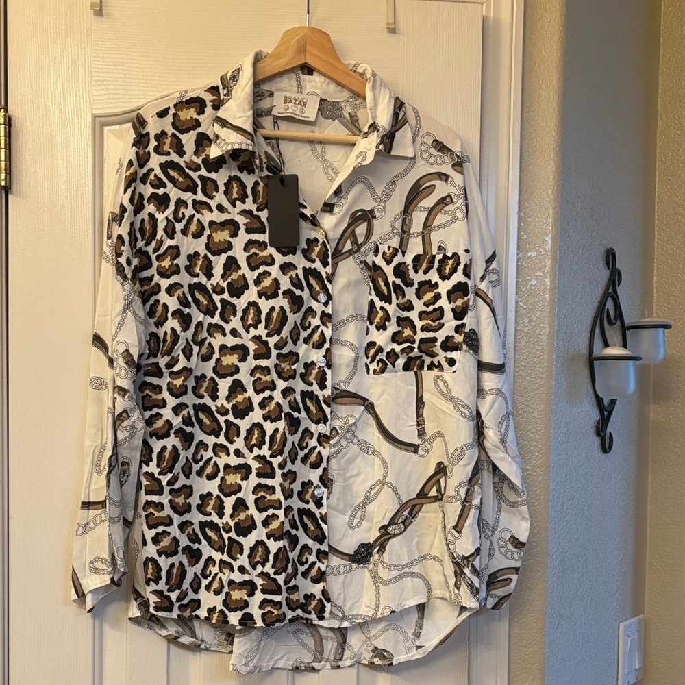 Brand Bazar Leopard and Chain Print Button-Up Shirt